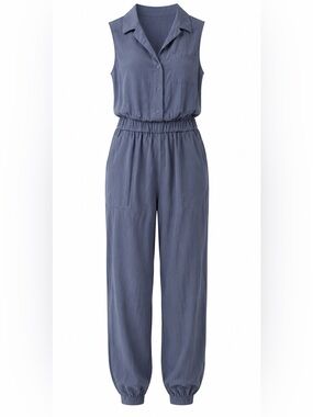 KITTENISH BLUE BUTTON DOWN UTILITY JUMPSUIT WITH JOGGER ANKLES